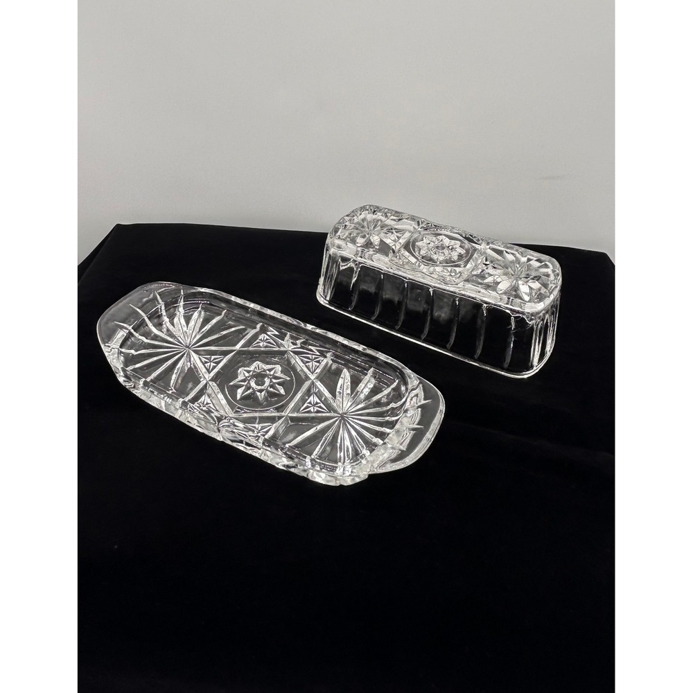 Vintage Clear Cut Glass Butter Dish Starburst Pattern Rectangular 2 Piece